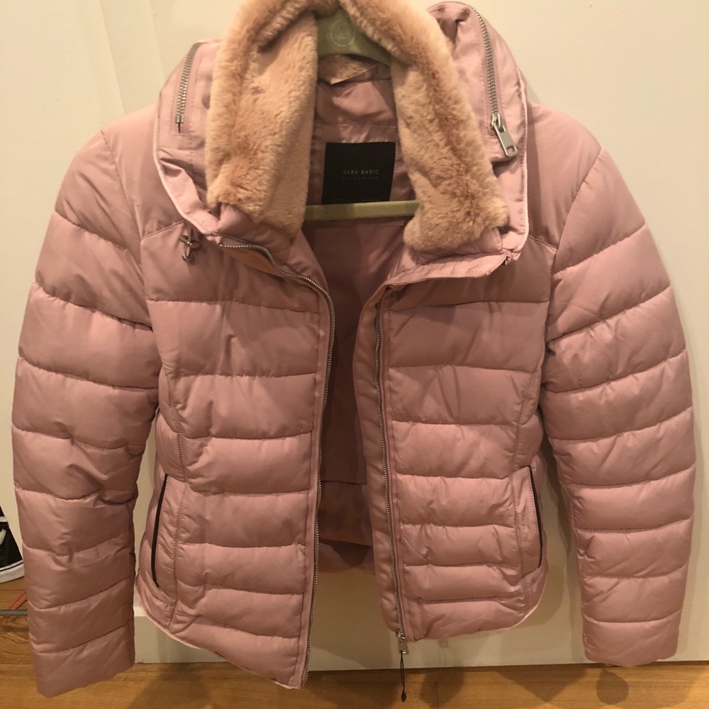 Zara blush puffer jacket with pink faux fur size M